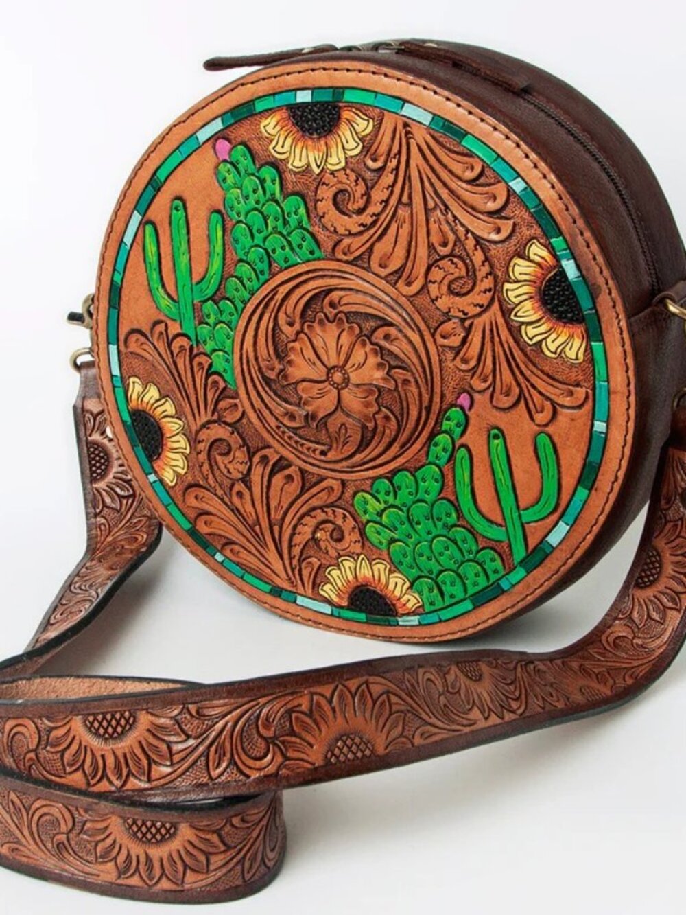 American Darling Desert Sunflower Bloom Tooled Crossbody Canteen Bag - Picture 4 of 6